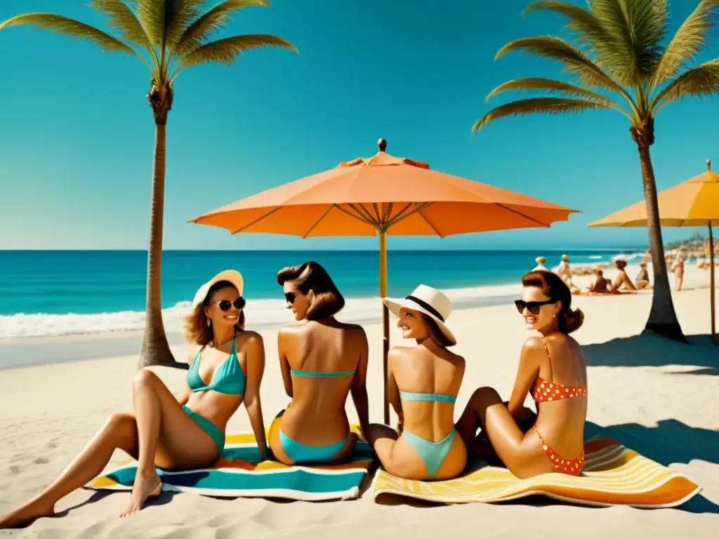 Una escena playera vintage de los años 60, con bronceados tomando sol en trajes de baño retro, rodeados de palmeras y sombrillas de playa clásicas