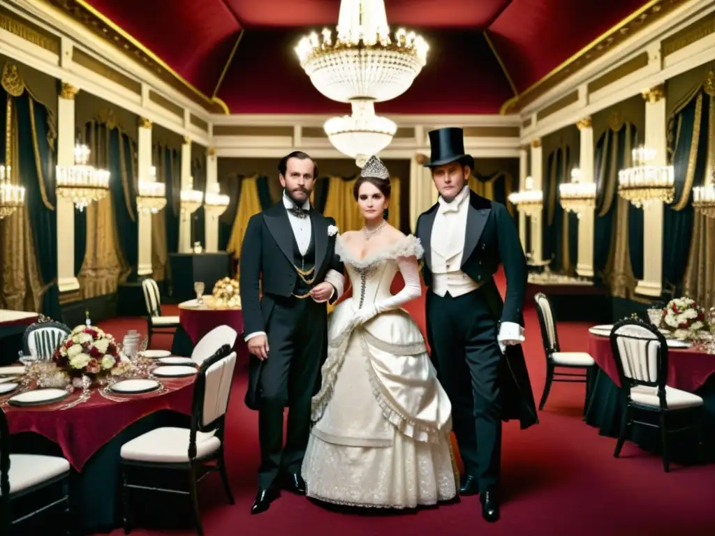 Una escena de salón del siglo XIX con vestimenta victoriana elaborada y bailes elegantes, mostrando la exclusión social en la moda