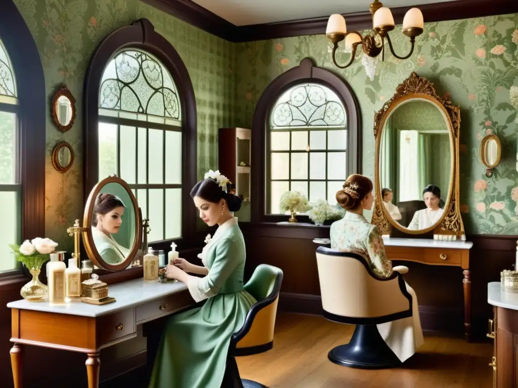 Belleza victoriana: Rituales elegantes y refinados Escena de salón de belleza victoriano con detalles intrincados y elegancia, evocando la revolución belleza era victoriana