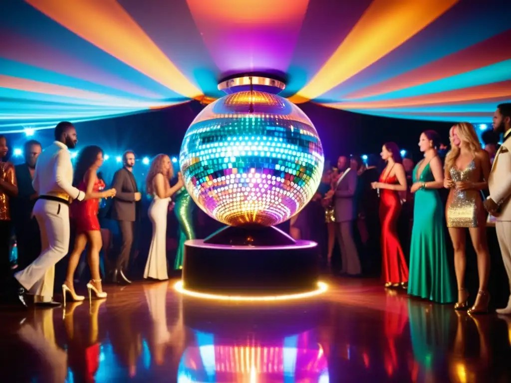 Una escena vibrante y bulliciosa de una discoteca con un espejo de bolas que proyecta reflejos deslumbrantes en la pista de baile