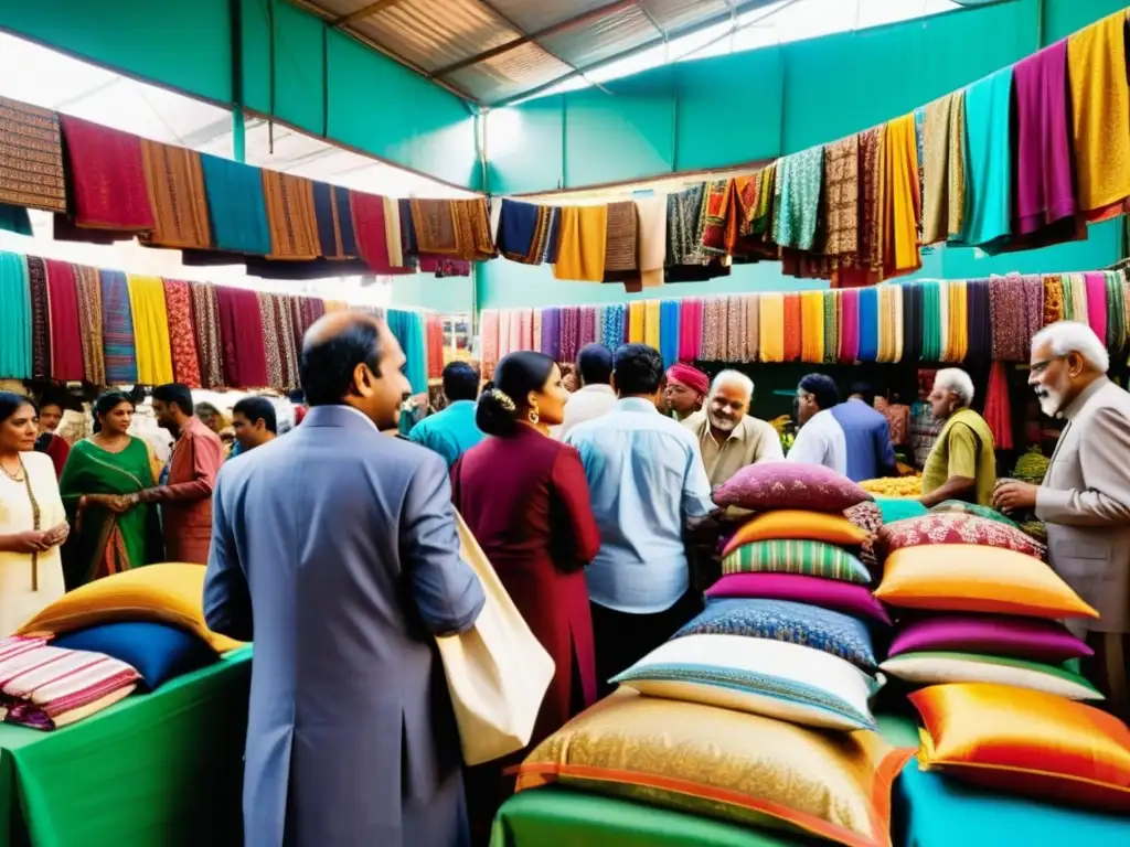 Escena vibrante de un bullicioso mercado indio con textiles y prendas coloridas en exposición