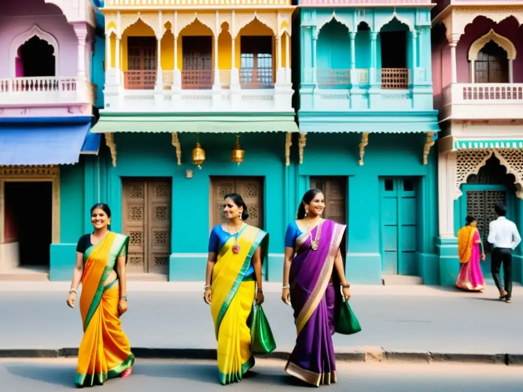 Escena vibrante en la calle de la India, con moda tradicional y moderna que refleja el impacto social de la moda en India