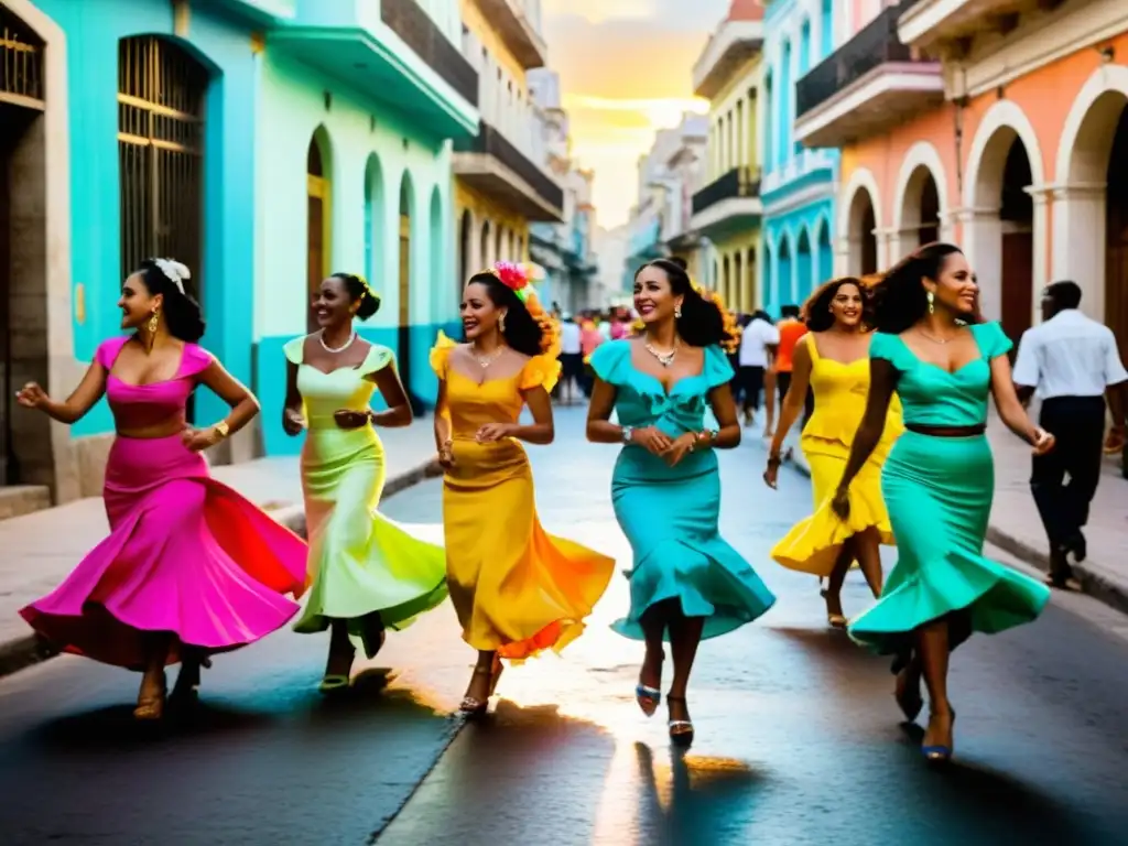 Escena vibrante en una calle de La Habana, Cuba, llena de gente local vistiendo trajes tradicionales coloridos, bailando al ritmo de la salsa