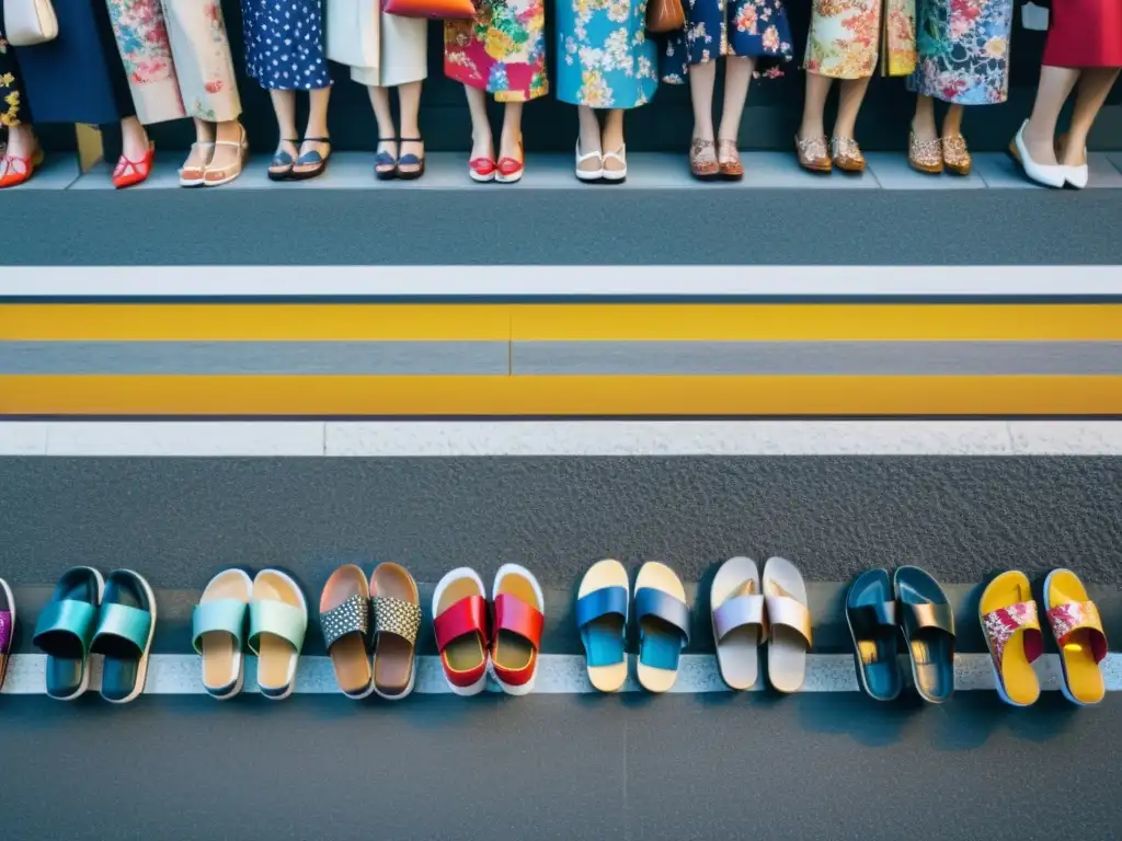 Escena vibrante de calles en Tokio con una mezcla de zapatos tradicionales y modernos, reflejando la influencia de los zapatos en la cultura asiática