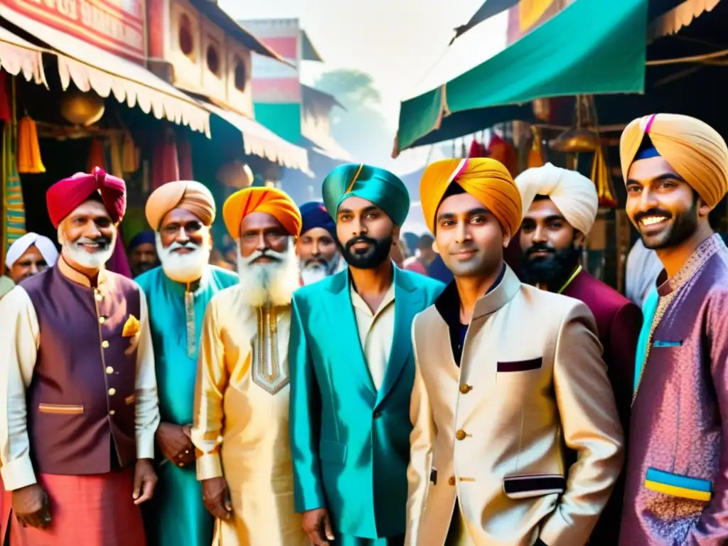 Una escena vibrante en India: hombres vistiendo atuendos tradicionales frente a un bullicioso mercado