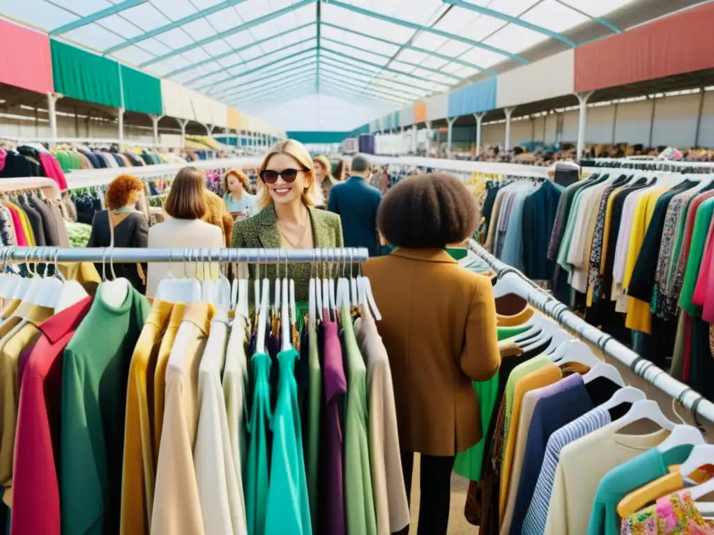 Escena vibrante de un mercado de ropa de segunda mano, donde se promueve el consumo sostenible moda segunda mano con diversidad y energía