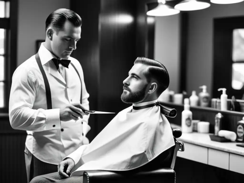 Escena vintage de cuidado personal masculino en barbería: hombre elegante es afeitado por barbero con estilo y destreza