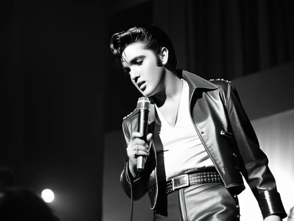 Elvis Presley en el escenario de los años 50, con moda rebelde influenciada por Elvis Presley, irradiando confianza y energía en blanco y negro