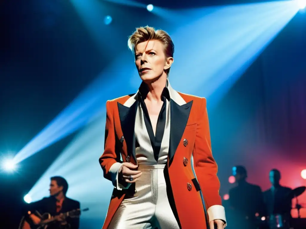 David Bowie en el escenario con atuendo andrógino, maquillaje audaz y expresión segura