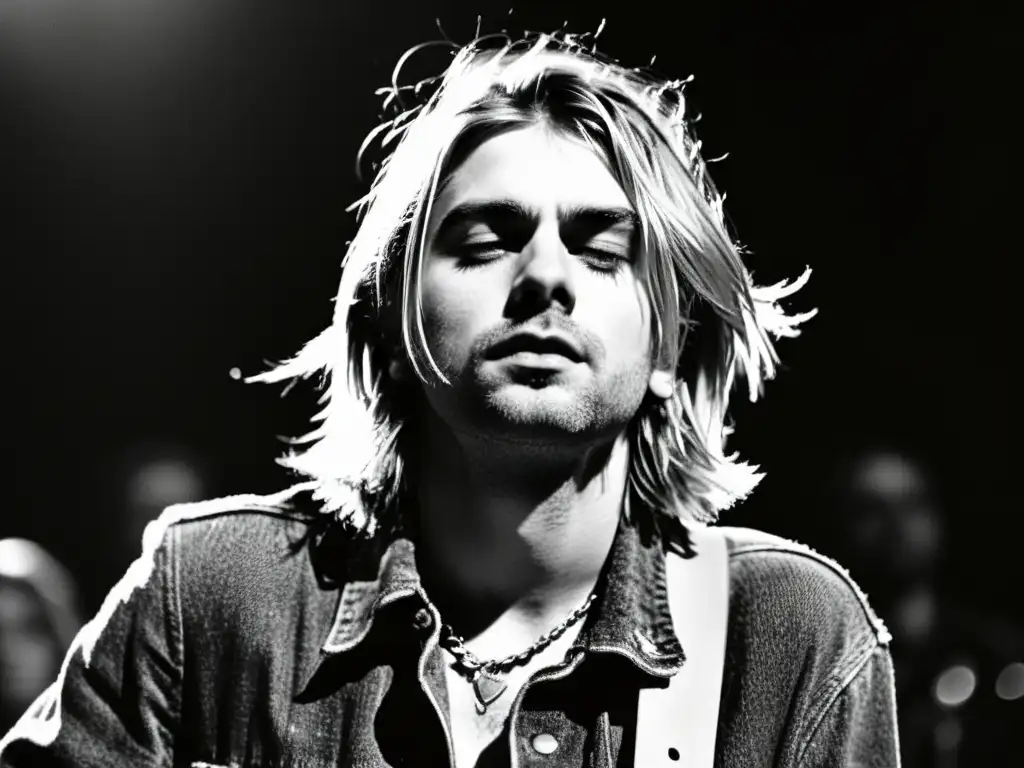 Kurt Cobain en el escenario, en blanco y negro, capturando el impacto cultural de la moda grunge y su influencia en la música