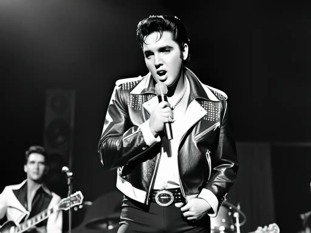 Elvis Presley en el escenario con su icónica chaqueta de cuero, agitando las caderas y sosteniendo un micrófono