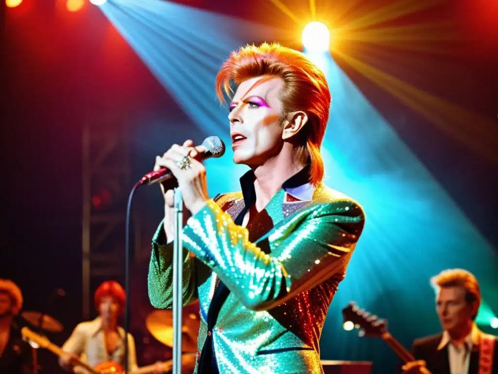 David Bowie deslumbra en el escenario con su icónico estilo glam rock, influenciando las Semanas de Moda