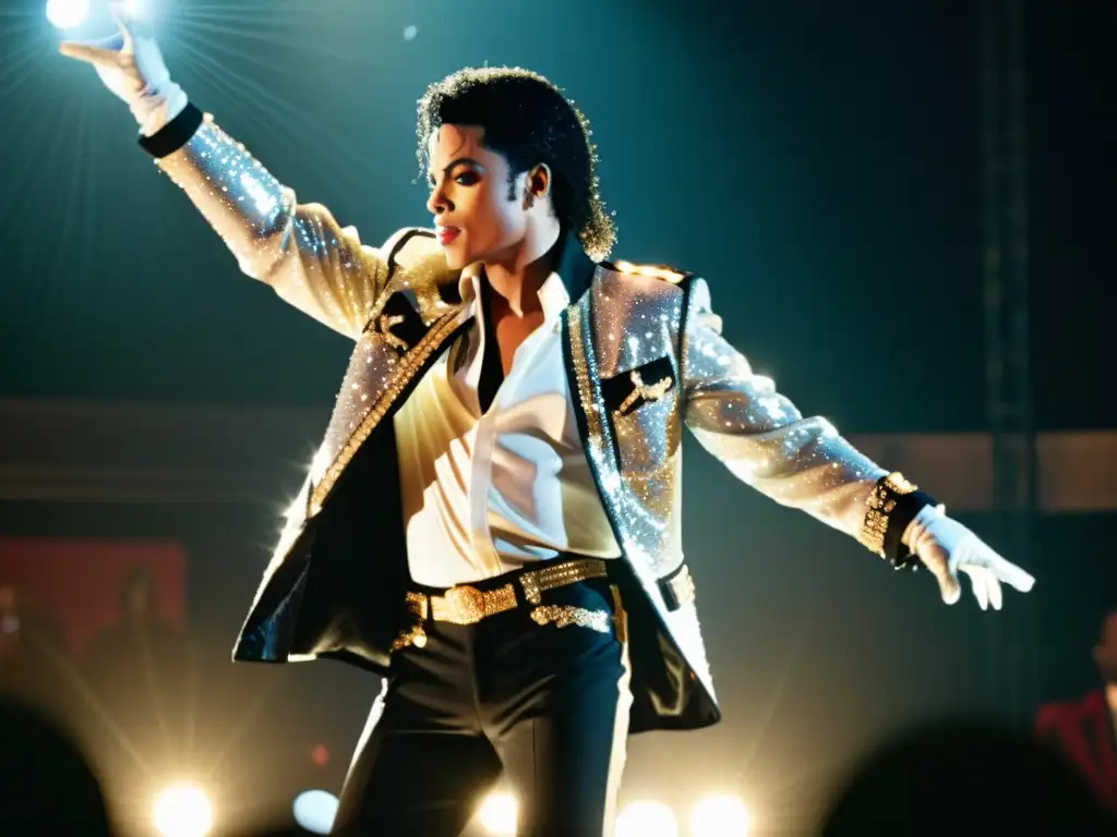 Michael Jackson deslumbra en el escenario con su icónico guante y una chaqueta elegantemente decorada