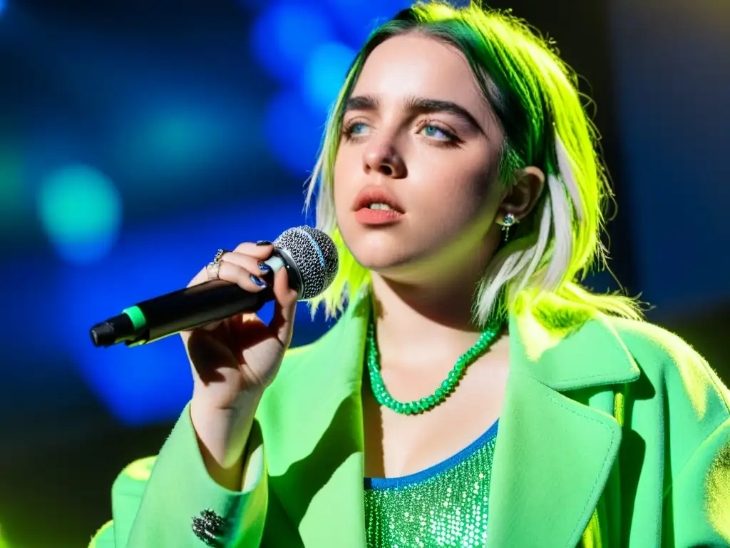 Billie Eilish en el escenario, brillando bajo luces azules y verdes