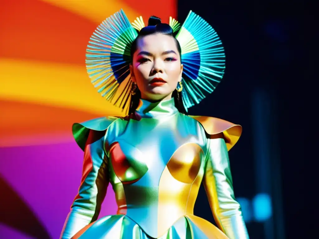 Björk en un escenario con moda experimental impacto cultural, exudando elegancia y enigma