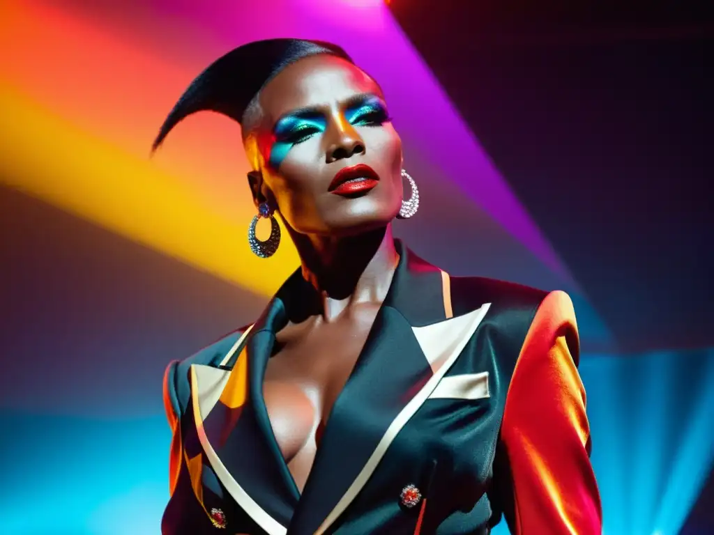 Grace Jones deslumbra en el escenario con su moda impacto cultural, exudando poder y rebeldía en un escenario dramático y colorido