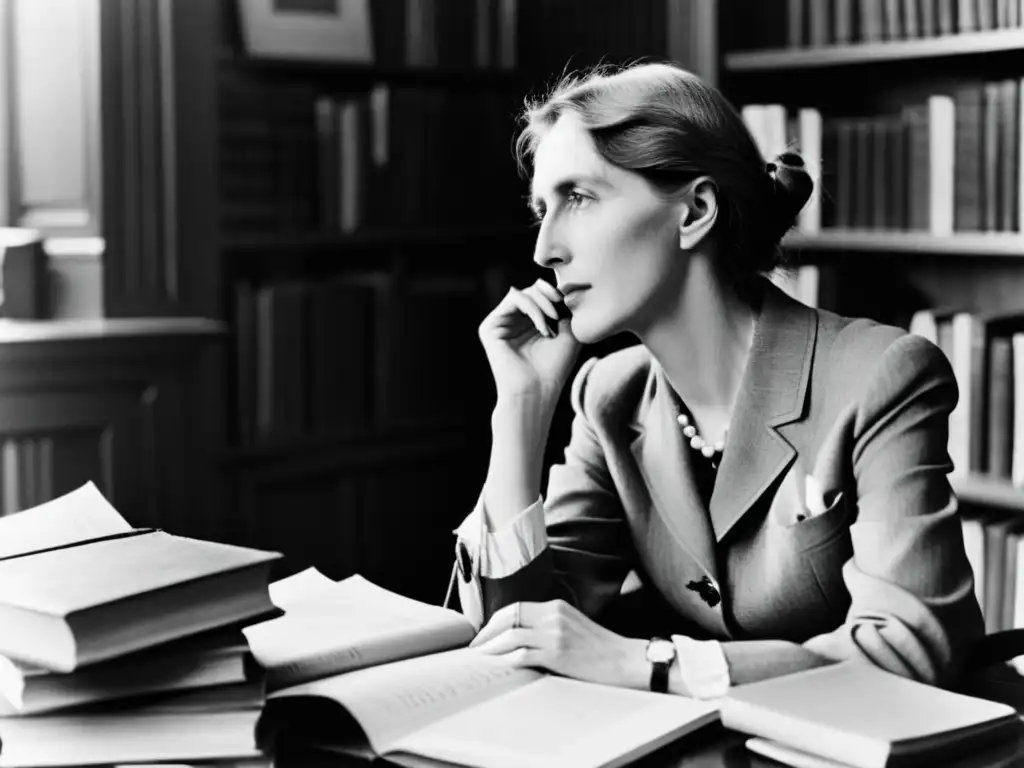 Virginia Woolf, en su escritorio rodeada de libros, viste un traje elegante mientras reflexiona