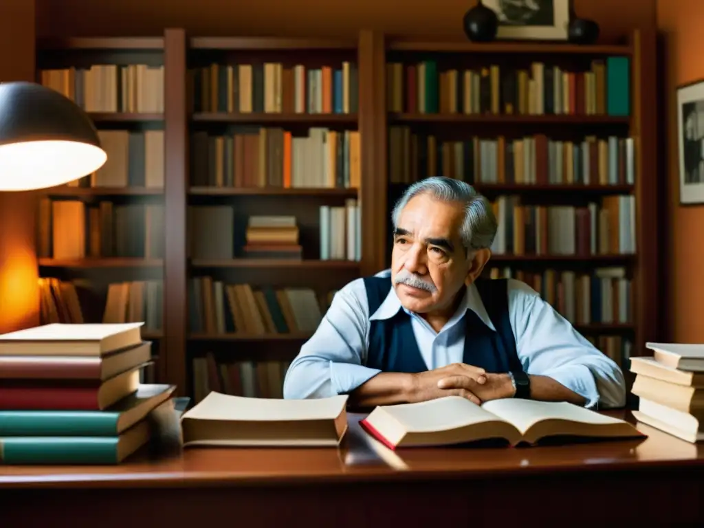 Gabriel García Márquez reflexiona en su escritorio, rodeado de libros, con una expresión contemplativa