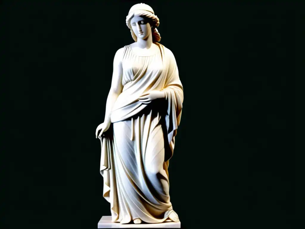 Escultura griega de mujer con peplo meticulosamente drapado, exhibiendo elegancia y gracia en el arte del drapado en la moda griega