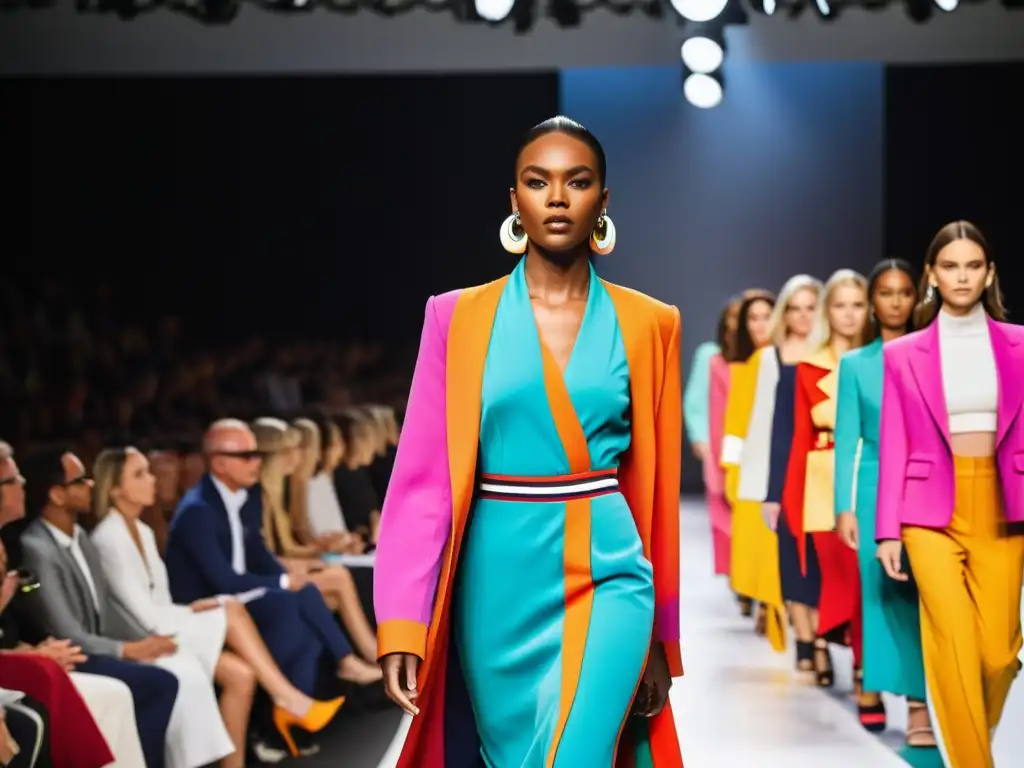 Espectáculo de pasarela de moda con modelos luciendo colores vibrantes, capturando reacciones del público