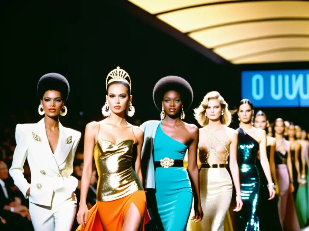 Espléndido desfile de moda de alta costura en los 80, con modelos luciendo diseños icónicos en un ambiente vibrante y glamoroso