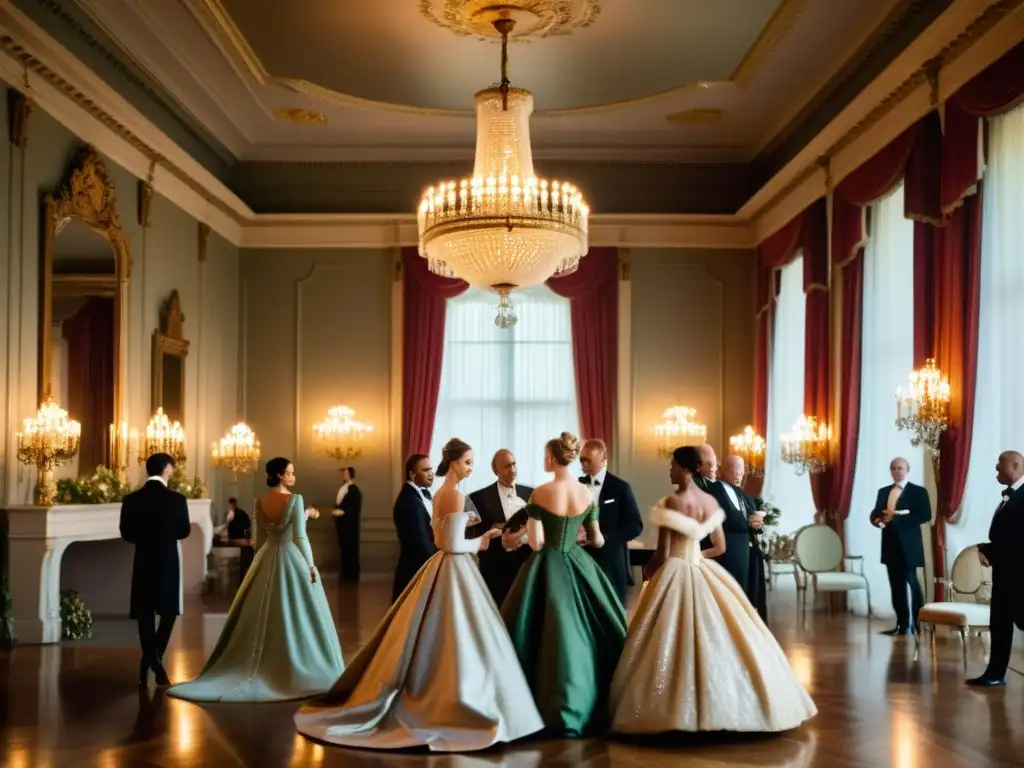 Esplendor de moda en Orgullo y Prejuicio: Salón georgiano con elegantes mujeres vestidas en trajes de la época, iluminado por candelabros opulentos