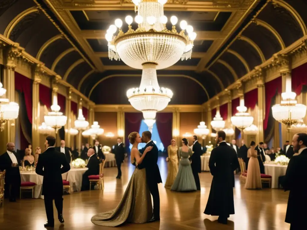 Esplendorosa representación de moda en las novelas de Edith Wharton, con elegancia y opulencia en un lujoso salón de la Era Dorada