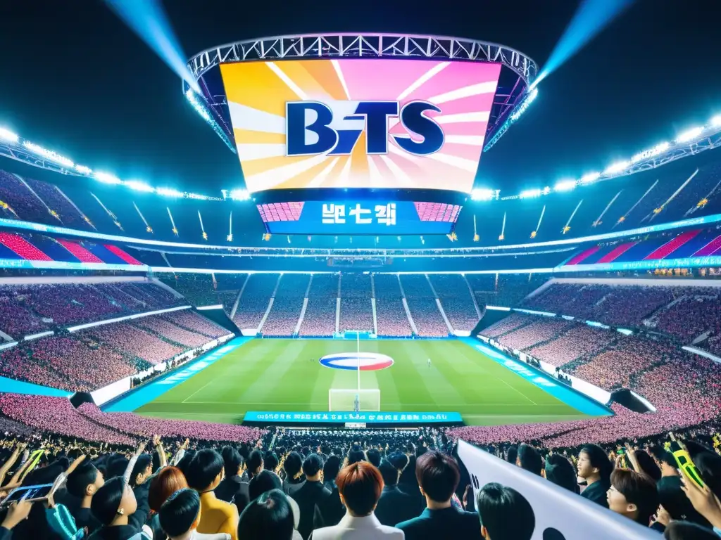 Un estadio lleno en Corea del Sur con fans entusiastas disfrutando de una actuación dinámica del popular grupo de KPop BTS