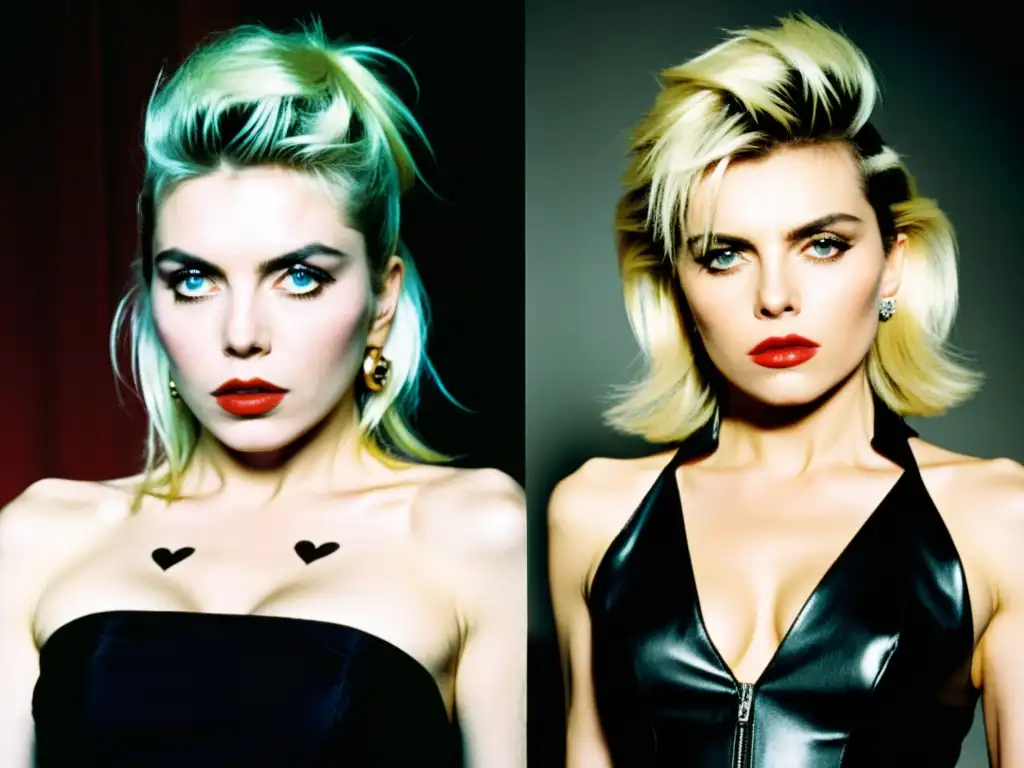 La evolución estilística de Debbie Harry: Contraste entre su look punk y haute couture, capturando su transformación icónica