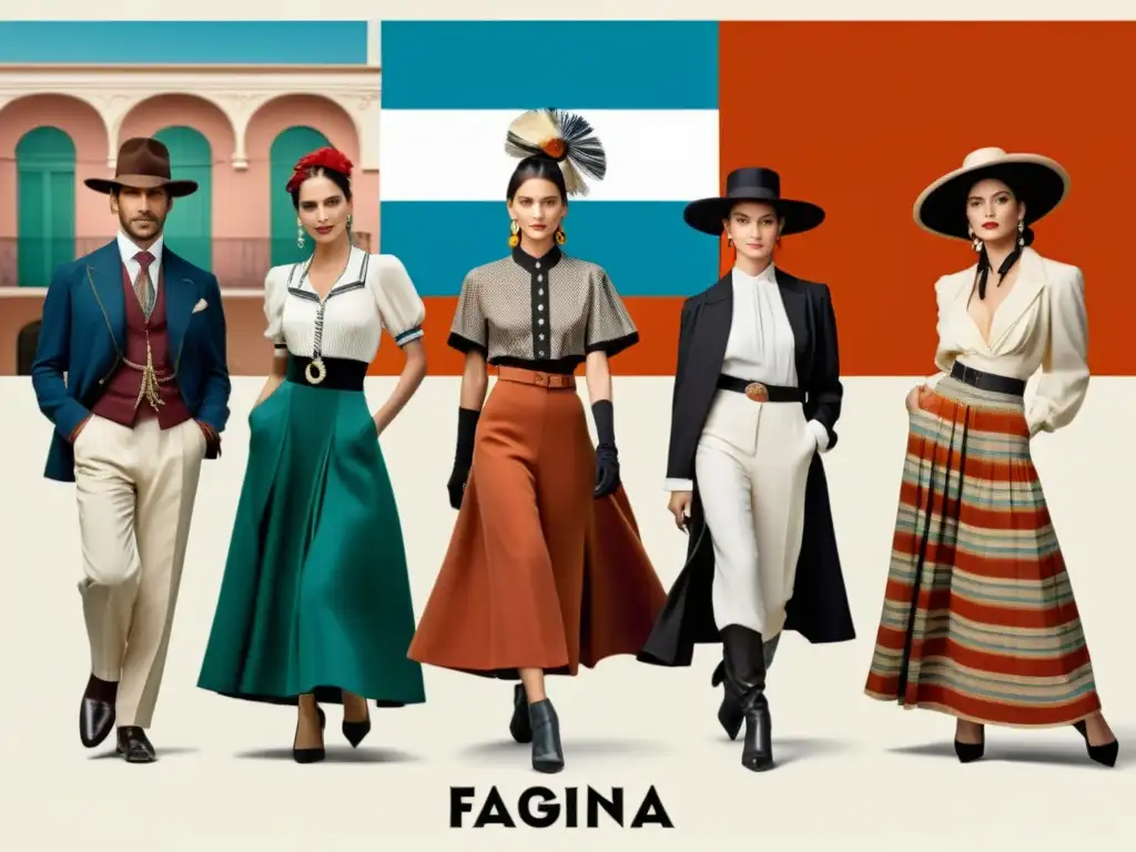 Presentación de la evolución del estilo argentino en moda a lo largo de la historia, desde el atuendo gauchesco tradicional hasta la alta costura moderna, con modelos luciendo prendas auténticas en escenarios que reflejan el contexto cultural de cada época