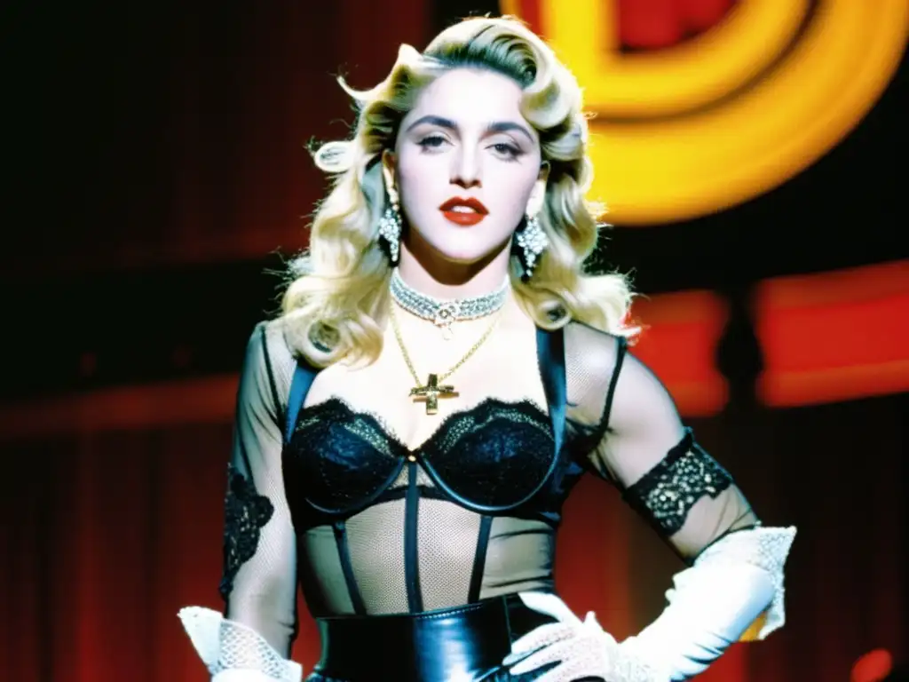 Madonna impacta con su estilo icónico, fusionando moda y música en un deslumbrante espectáculo en los 80, destacando sus guantes de encaje