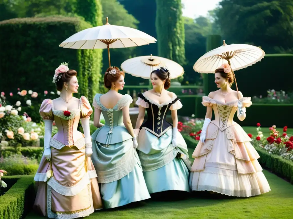 Estilosas mujeres victorianas pasean por un jardín opulento, reflejando la moda y el estatus social del siglo XIX