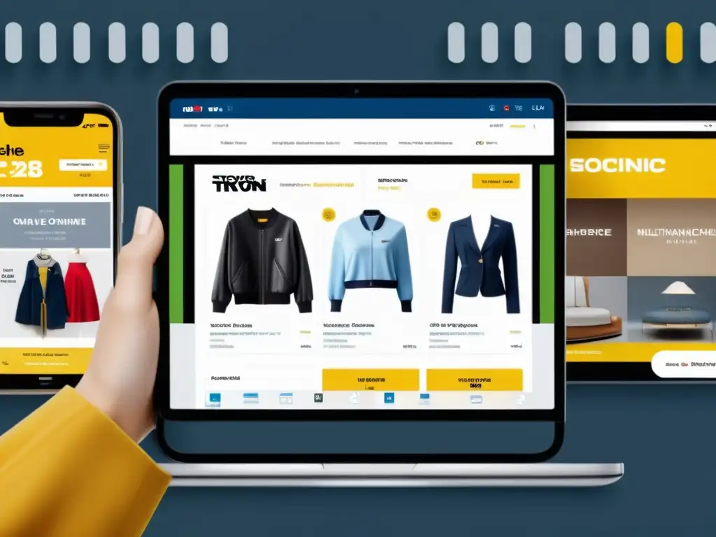 Estrategia de comercio electrónico en moda: interacción multicanal Una estrategia de ecommerce moda multicanal en acción, integrando plataformas online, marketing en redes sociales y experiencias en tienda
