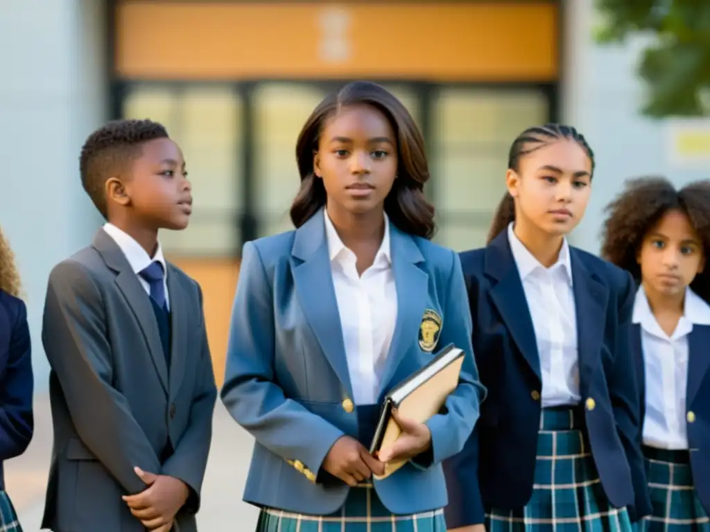 Estudiantes con uniformes escolares de género contrastante, mostrando las normas de género en la moda