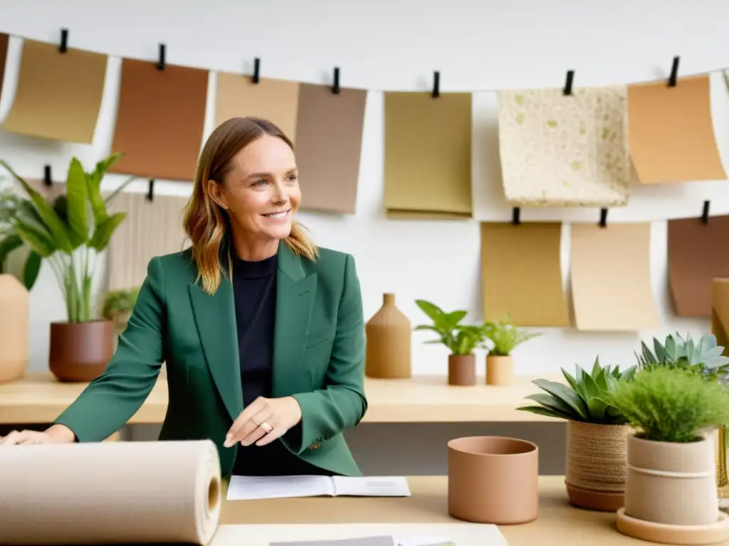 Stella McCartney en su estudio de diseño rodeada de telas sustentables, discutiendo una nueva colección ecofriendly con su equipo