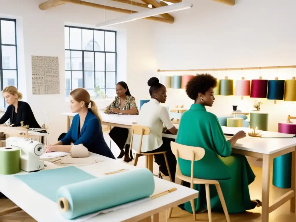 Un estudio luminoso lleno de diseñadores independientes de moda sostenible, creando juntos en un ambiente colaborativo y enfocado