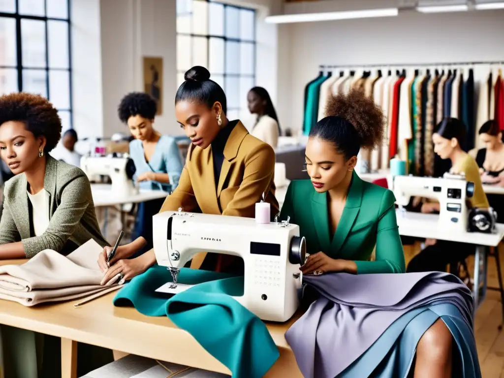 Un estudio de moda bullicioso con diseñadores, modelos y estilistas colaborando en una nueva colección