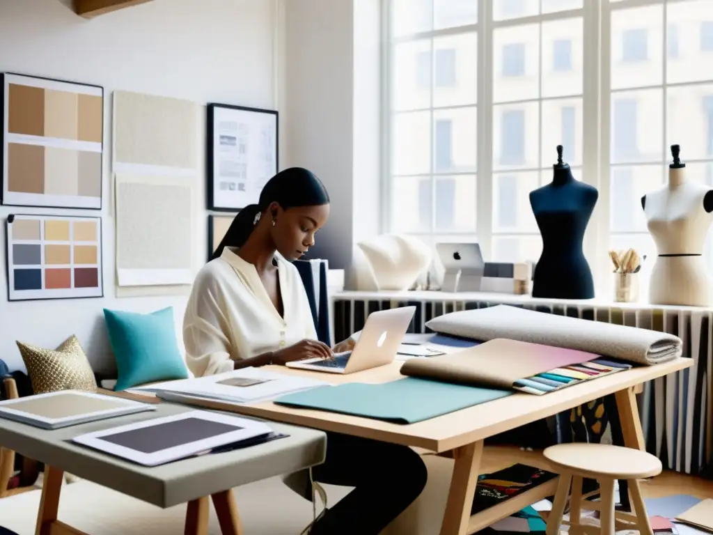 Un estudio de moda caótico con diseñadora inmersa en la creación de una nueva colección