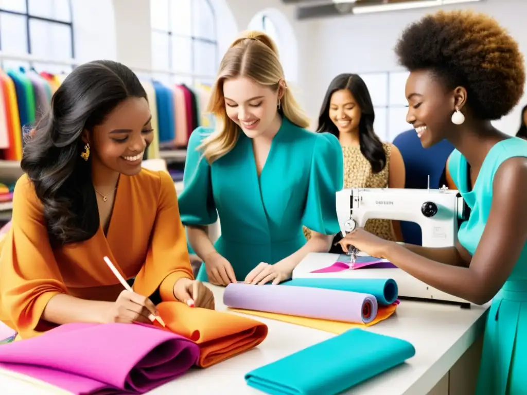 Estudio de moda con estudiantes colaborando en diseño de prendas, buscando inspiración en revistas