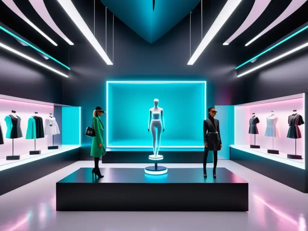 Evento innovador de marcas de moda en un futurista popup store digital con hologramas y realidad aumentada