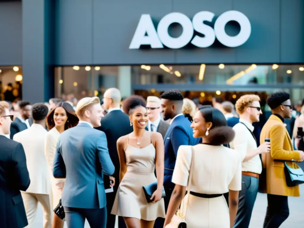 Un evento de moda bullicioso con jóvenes elegantes y diversidad, en un lugar con branding de ASOS