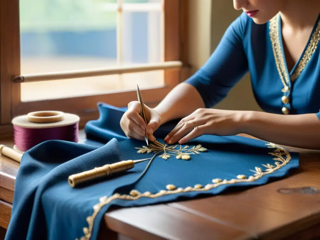 Experta costurera borda a mano en tela azul, capturando el renacer de la costura a mano con destreza artesanal