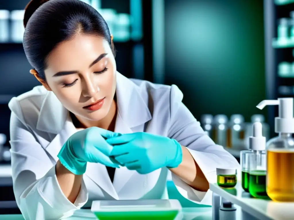 Experta en innovaciones cosmetología recesiones económicas formulando meticulosamente un nuevo producto en laboratorio, fusionando ciencia y creatividad