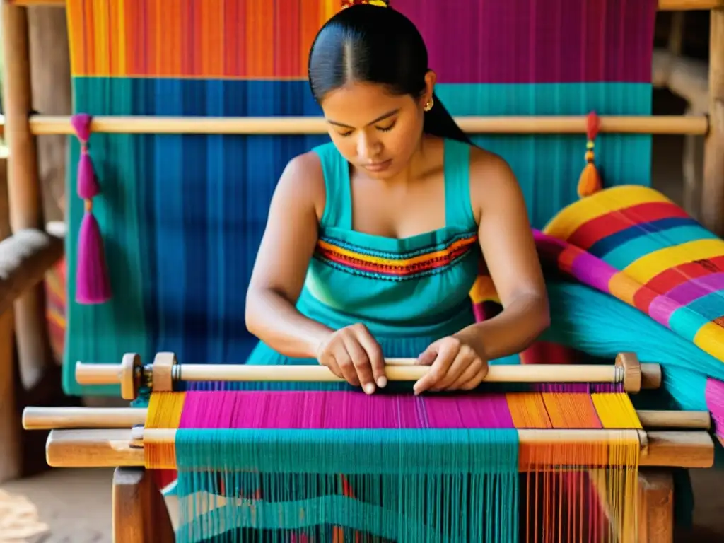 Una experta maya teje patrones textiles vibrantes en un telar de cintura, rodeada de hilos de colores