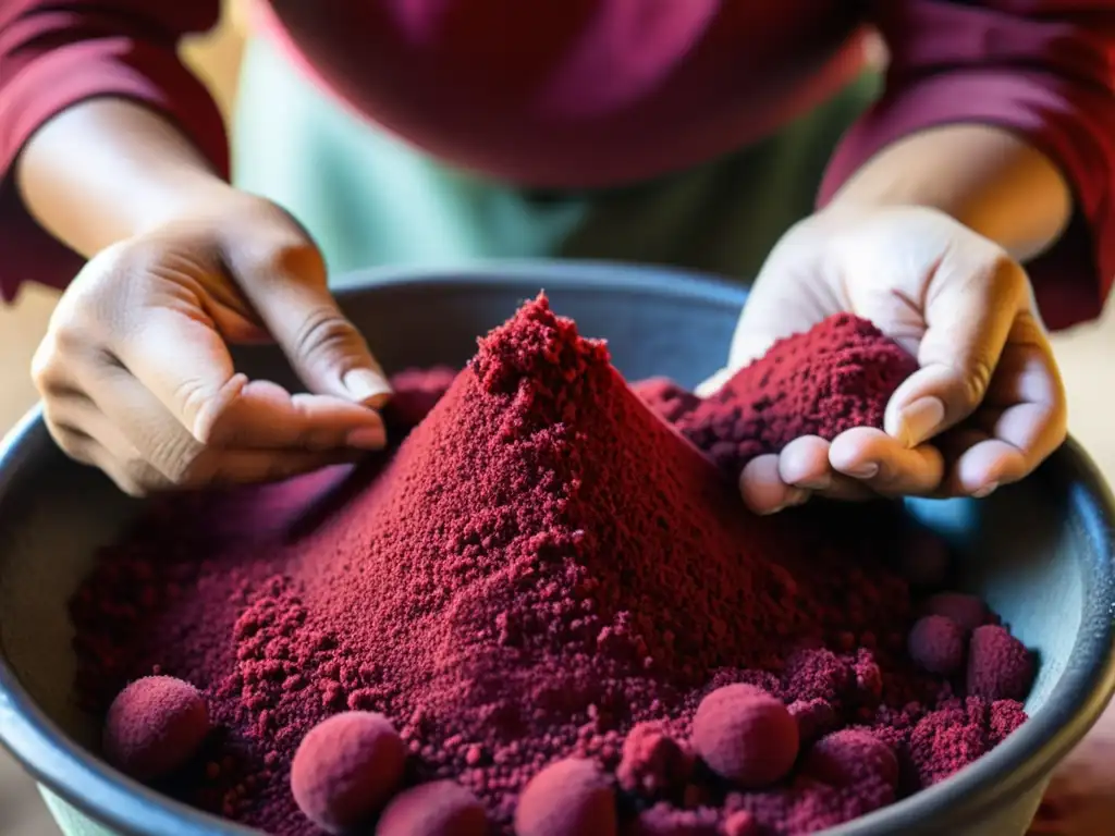 Un experto artesano extrae con cuidado un tinte rojo vibrante de insectos cochinilla triturados, utilizando un método tradicional