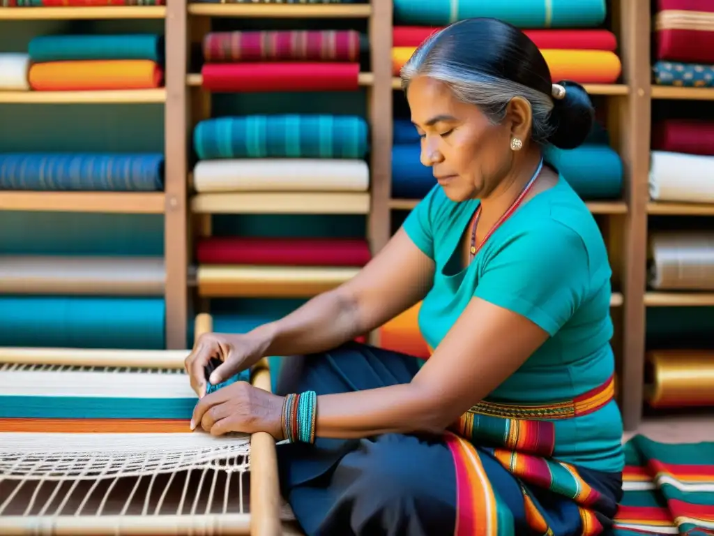 Un experto artesano indígena teje patrones vibrantes en un textil tradicional