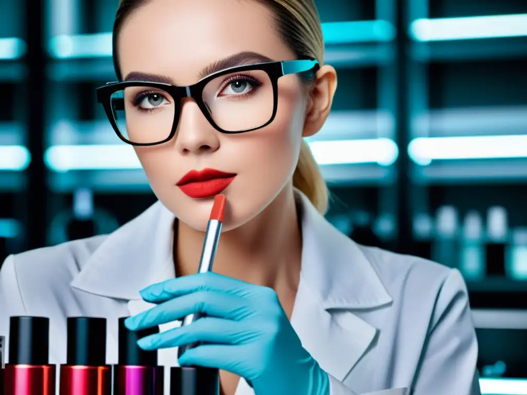 Expertos en laboratorio crean innovador lápiz labial de lujo, mostrando la evolución del mercado de la belleza