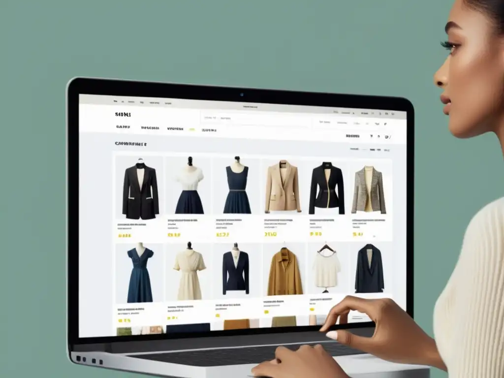 Exploración minuciosa en una plataforma de moda online comparativa, resaltando la experiencia del usuario y la toma de decisiones reflexiva