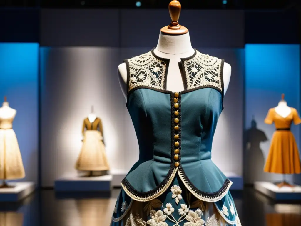 Una exposición de moda histórica con tejidos animales, mostrando detalles elaborados y una atmósfera de elegancia atemporal