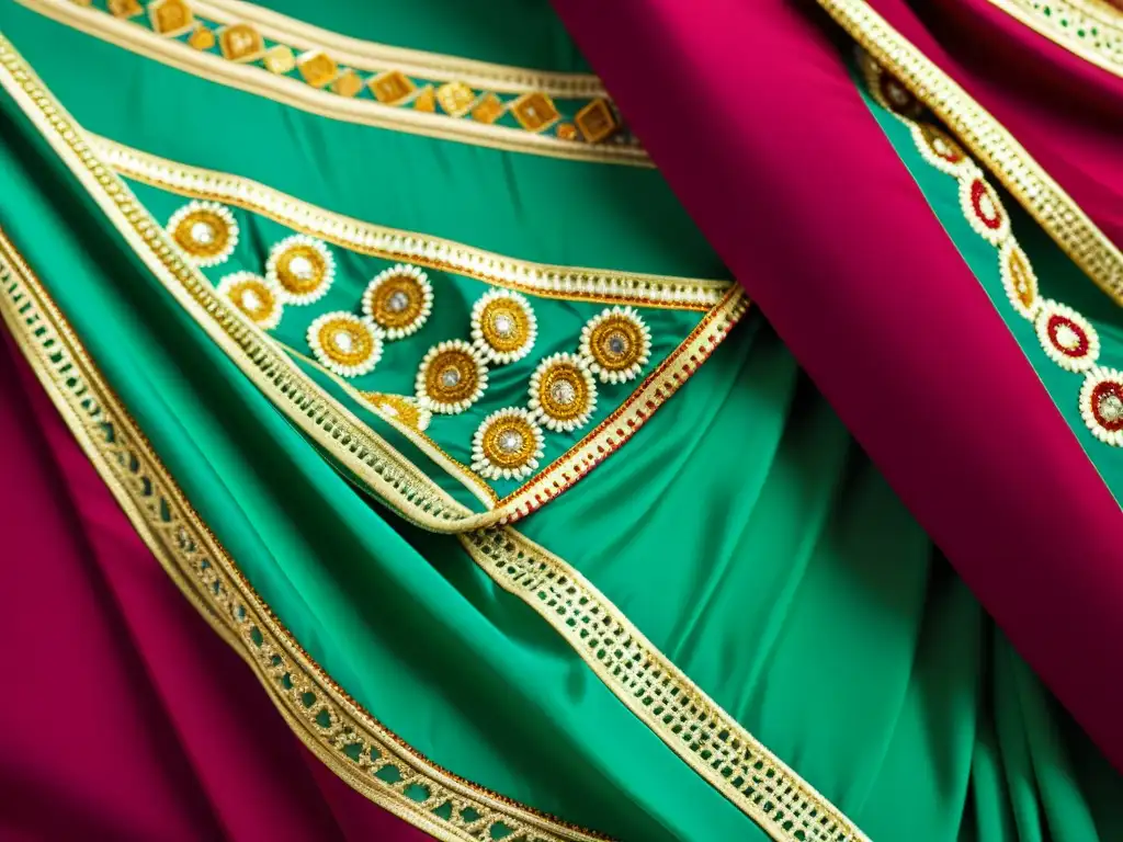 Una exquisita sari india ricamente bordada con colores vibrantes y detalles intrincados, muestra la historia de la moda india en su máxima expresión